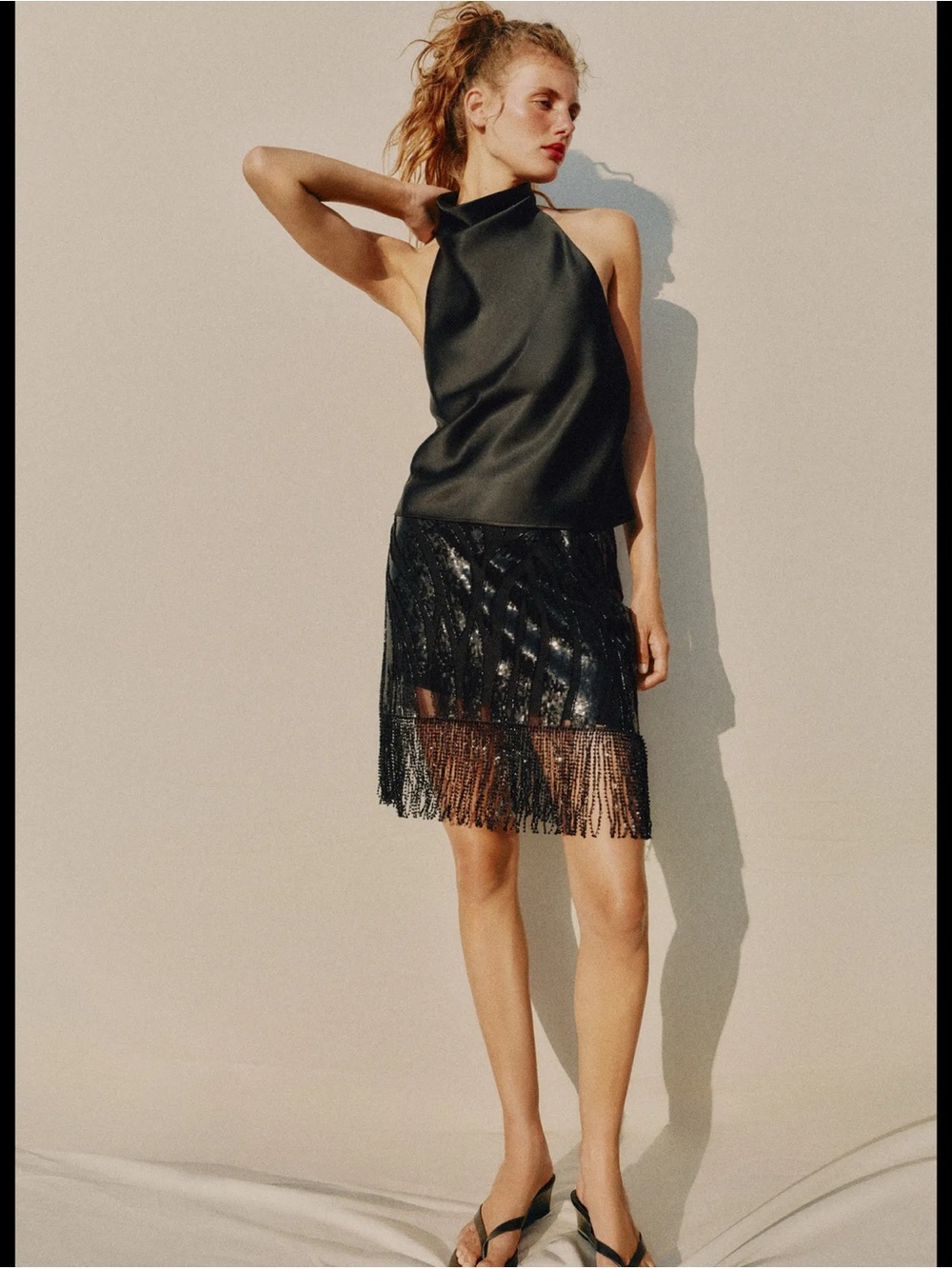 Zara Black Satin Halter Top with Fringe Sequin Skirt